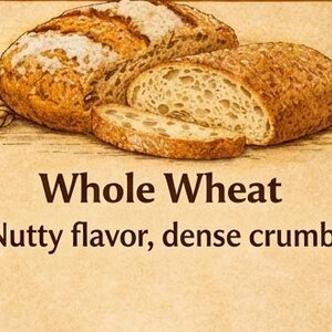 Peut inclure: Un pain complet et une tranche avec une cro&ucirc;te dor&eacute;e et une mie a&eacute;r&eacute;e. Le texte indique Whole Wheat et Nutty flavor, dense crumb. L'illustration pr&eacute;sente des &eacute;pis de bl&eacute; sur un fond beige clair.