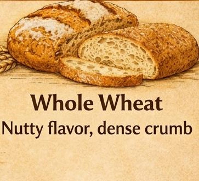 Peut inclure: Un pain complet et une tranche avec une cro&ucirc;te dor&eacute;e et une mie a&eacute;r&eacute;e. Le texte indique Whole Wheat et Nutty flavor, dense crumb. L'illustration pr&eacute;sente des &eacute;pis de bl&eacute; sur un fond beige clair.