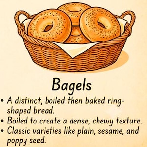 Peut inclure: Un panier en osier brun rempli de bagels dor&eacute;s, accompagn&eacute; du texte : Bagels. A distinct, boiled then baked ring-shaped bread. Boiled to create a dense, chewy texture. Classic varieties like plain, sesame, and poppy seed.
