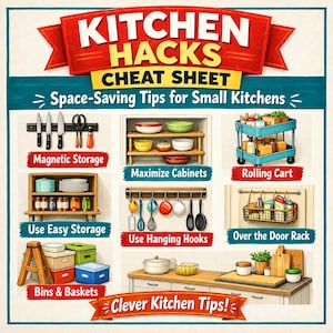 Może przedstawiać: Plakat Kitchen Hacks Cheat Sheet z poradami dotyczącymi oszczędzania miejsca w małych kuchniach. Zawiera ilustracje magnetycznych uchwytów, półek, wózka na kółkach, haczyków, regałów na drzwi oraz pojemników do przechowywania w kuchni.
