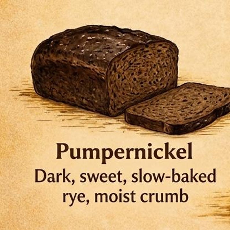 Peut inclure: Une miche de pain pumpernickel brun fonc&eacute; avec une tranche pos&eacute;e &agrave; c&ocirc;t&eacute;. Le texte ci-dessous indique : Pumpernickel. Dark, sweet, slow-baked rye, moist crumb. L'illustration est r&eacute;alis&eacute;e dans un style rustique sur un fond beige clair.