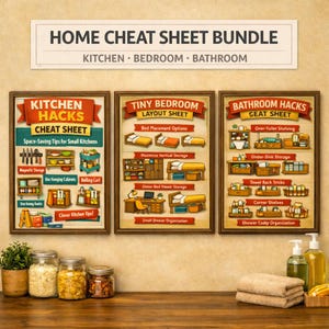 May include: A framed Home Cheat Sheet Bundle with kitchen, bedroom, and bathroom tips. The bundle includes three framed posters: "Kitchen Hacks," "Tiny Bedroom Layout Sheet," and "Bathroom Hacks Seat Sheet." The posters feature illustrations and text for space-saving ideas.