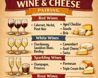 Aide-mémoire accord vins et fromages imprimable | Décoration murale de cuisine, guide de dégustation de vins, tableau d'associations de fromages, cadeau de sommelier, PDF divertissant