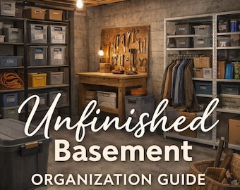 Guide d'organisation du sous-sol non aménagé | Astuces de rangement pour séparateur de pièce | Guide PDF pour sols en béton et décorations chaleureuses | Petits hacks dans l'espace
