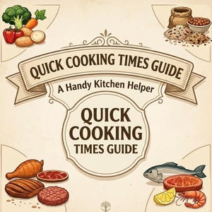 Könnte beinhalten: Ein quadratischer Küchen-Wanddruck mit dem Titel QUICK COOKING TIMES GUIDE A Handy Kitchen Helper. Das Design zeigt Illustrationen von Brokkoli, Karotten, Kartoffeln, Paprika, Getreide, Bohnen, gegartem Fleisch, Fisch, Garnelen und einer Zitronenscheibe.