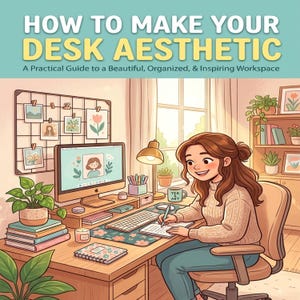 Puede incluir: Una portada de libro ilustrada titulada HOW TO MAKE YOUR DESK AESTHETIC A Practical Guide to a Beautiful, Organized, & Inspiring Workspace que muestra a una persona sentada en un escritorio de madera con computadora y plantas.