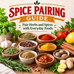 May include: A Spice Pairing Guide sign with the text Pair Herbs and Spices with Everyday Foods. The image features wooden bowls filled with various spices, fresh basil, garlic, tomatoes, a lemon, cinnamon sticks, and ginger root.