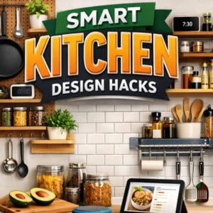 May include: A kitchen setting with the text "SMART KITCHEN DESIGN HACKS" in orange. The image features shelves with jars, cooking tools, and a tablet showing a recipe. Sliced avocados and a smart speaker are in the foreground, suggesting a focus on kitchen design.