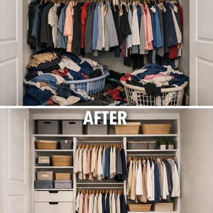 Op de afbeelding: Een voor-en-na-afbeelding van een kast. De bovenste helft toont een rommelige kast met kleding en spullen opgestapeld. De onderste helft toont een georganiseerde kast met planken, laden en hangende kleding. De tekst "VOOR" en "NA" staan bovenaan.