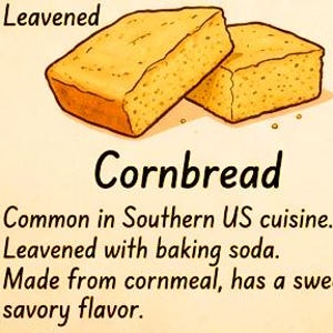 Peut inclure: Une illustration de deux carr&eacute;s de pain de ma&iuml;s dor&eacute; avec le texte : Leavened, Cornbread, Common in Southern US cuisine, Leavened with baking soda, Made from cornmeal, has a sweet-savory flavor. Le fond est de couleur cr&egrave;me claire.