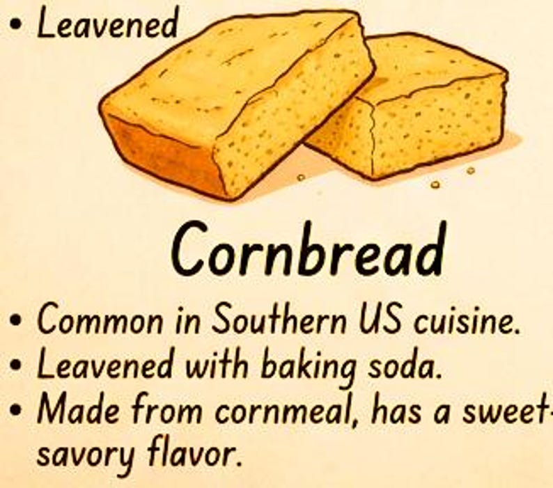 Peut inclure: Une illustration de deux carr&eacute;s de pain de ma&iuml;s dor&eacute; avec le texte : Leavened, Cornbread, Common in Southern US cuisine, Leavened with baking soda, Made from cornmeal, has a sweet-savory flavor. Le fond est de couleur cr&egrave;me claire.