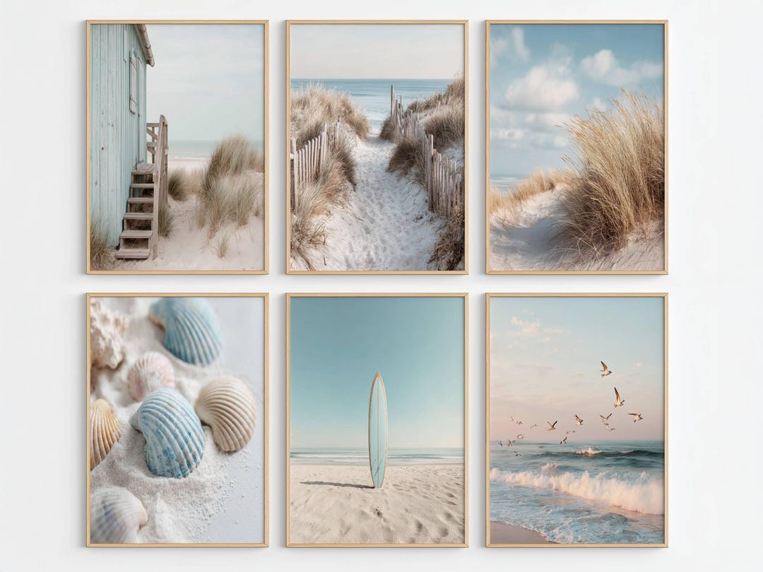 Boho Beach Wall Art Set of 6, Coastal Prints, Ocean Decor, Printable Download