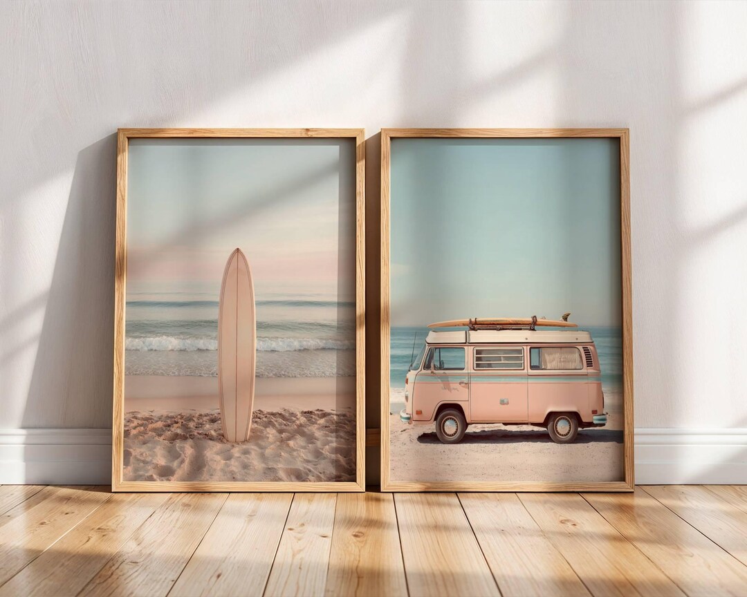 Coastal Wall Art Set Surfboard Beach Van Prints Ocean Poster Neutral ...