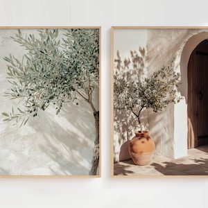 Op de afbeelding: Twee ingelijste wandkunstprints met olijfbomen. De linkerprint toont olijftakken tegen een getextureerde witte muur. De rechterprint toont een olijfboom in een terracotta pot naast een gewelfde houten deur en een witte muur.