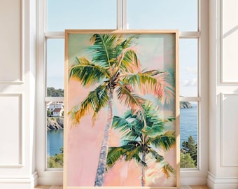 Palm Tree Wall Art, Tropical Palm Poster, Pastel Coastal Decor, Beach Home Print