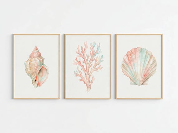 Watercolor Seashell Wall Art Set of 3, Coastal Printable Decor, Beach Shell Prints