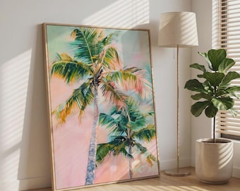 Palm Tree Wall Art Tropical Beach Print Pink Sunset Coastal Poster Download