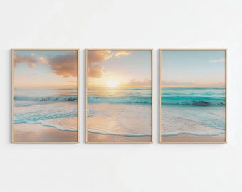 Beach Print Set of 3 Ocean Wall Art Coastal Decor Waves Photography Sea Poster