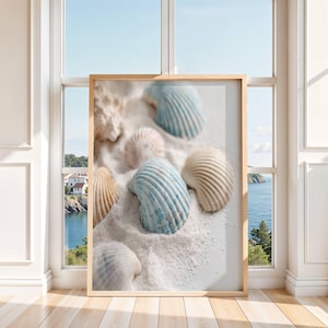 May include: A framed wall art print featuring a collection of various seashells resting on white sand. The shells display natural ridges and textures in shades of soft beige, cream, and pale blue, arranged in a cluster within a light wood frame.