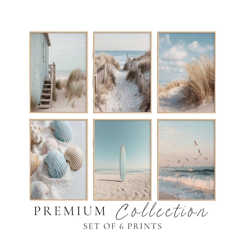 May include: A set of six framed wall art prints featuring coastal scenes including a beach house, sand dunes, seashells, a surfboard on the sand, and ocean waves with birds. The text below the prints reads PREMIUM Collection SET OF 6 PRINTS.
