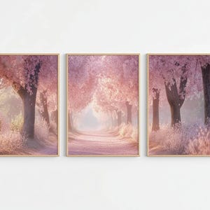 May include: A triptych of three framed wall art prints featuring a path lined with blooming cherry blossom trees. The scene displays soft pink petals, dark tree trunks, and a hazy, light-filled atmosphere in a woodland setting with light wood frames.