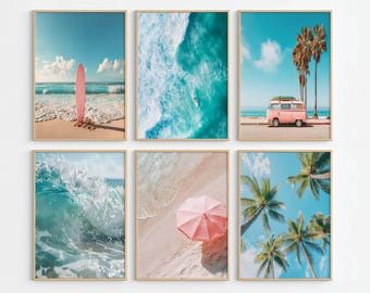 Pink Beach Wall Art Set of 6, Surf Ocean Prints, Coastal Decor, Printable Download