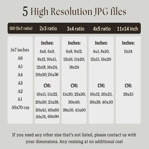 May include: A chart titled 5 High Resolution JPG files displaying five aspect ratios including ISO, 2x3, 3x4, 4x5, and 11x14 inch. The table lists various dimensions in inches and centimeters for each ratio, with a note offering custom resizing services.
