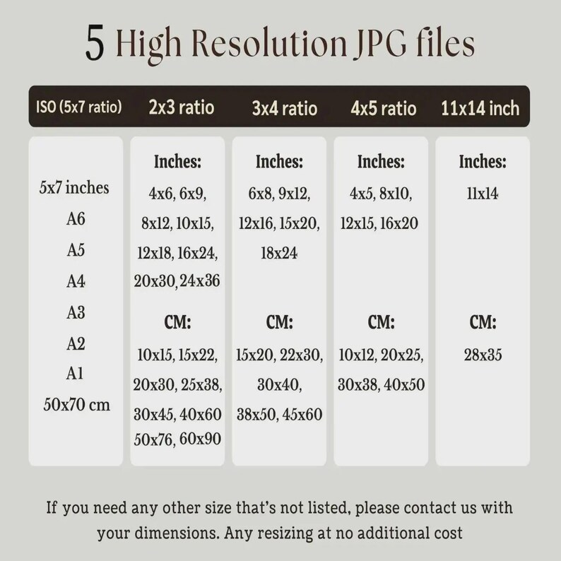 May include: A chart titled 5 High Resolution JPG files displaying five aspect ratios including ISO, 2x3, 3x4, 4x5, and 11x14 inch. The table lists various dimensions in inches and centimeters for each ratio, with a note offering custom resizing services.