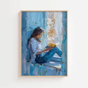 Mujer leyendo un libro. Impresión de pintura figurativa moderna. Decoración literaria. Póster en tonos azules. Descarga digital.