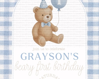 Beary First Birthday Invitation - Digital Download