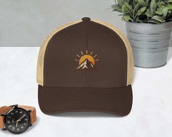 Embroidered Mountain Trucker Hat – Minimalist Adventure Cap