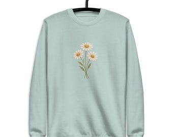 Felpa girocollo con margherite ricamate, stampa floreale botanica