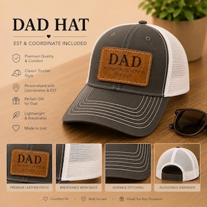 Può includere: Cappellino da camionista grigio e bianco con la scritta "DAD" su una toppa in pelle marrone. Il cappello include le coordinate e l'anno "EST 2026". Presenta un retro in rete traspirante e chiusura regolabile.