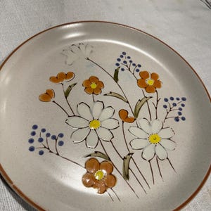 May include: A beige ceramic plate with a brown rim, decorated with a floral design. The flowers are white with yellow centers, and orange and brown petals. Blue berries and green stems complete the design.
