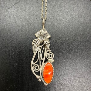 Vintage TJW pendant necklace, native artisan orange gemstone pendant set in sterling silver