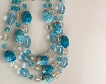 Beautiful vintage Kramer 3-stranded necklace with aqua glass and lucite beads