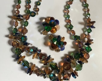 Vintage crystal double-stranded necklace and earring set in green turmaline and light colorado topaz Swarovski crystals