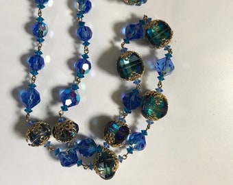 Super rare vintage Vendome necklace and earring set with clusters of bermuda blue pagoda crystals