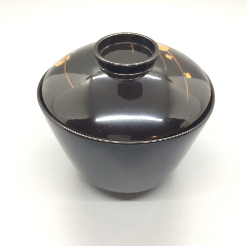Eight vintage Japanese black lidded wooden lacquer bowls in excellent condition