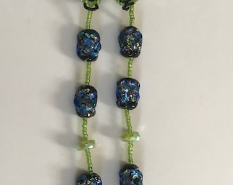 Gorgeous vintage clip earrings, blue lampwork beads with lime embellishments