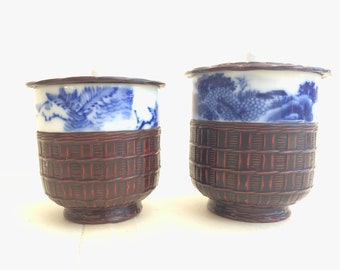 Raras tazas de té de porcelana japonesa vintage con tapa de corcelana con detalles de bambú tejido lacado