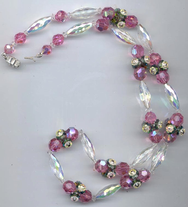 Stunning Vintage Crystal Necklace Clusters of Pink and Green flowers Etsy