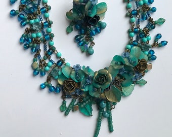 Glamorous and romantic matte aqua and gold necklace and earring set made by Tolleen Coland in the 1990s -signed