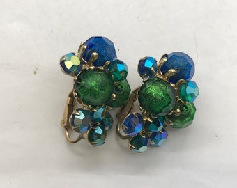 Vintage Vogue cluster earrings - blue and green foiled lucite beads with small AB beads