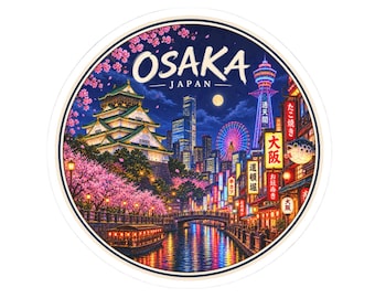 May include: A circular sticker featuring a night scene of Osaka, Japan, with the text OSAKA JAPAN at the top. The illustration includes a traditional castle, cherry blossoms, a canal with a boat, a Ferris wheel, and neon signs in Japanese.