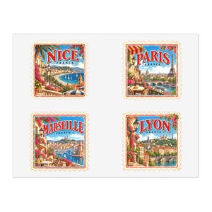 May include: A sheet of four square stickers featuring illustrations of French cities. Each sticker has a scalloped edge and displays the city name in red text: Nice, Paris, Marseille, and Lyon, along with iconic landmarks and coastal or river scenes.