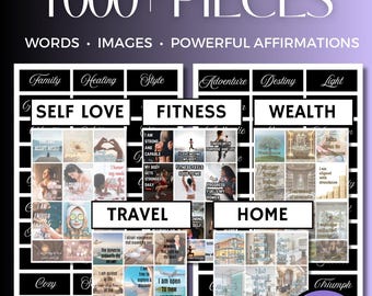 May include: A digital vision board image with the text "VISION BOARD IMAGES 1000+ PIECES". The image is divided into sections with themes like Self Love, Fitness, Wealth, Travel, and Home. Includes the words, images, and powerful affirmations.
