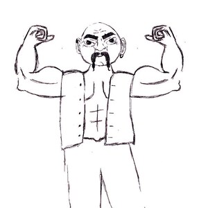 May include: A black and white sketch of a muscular man flexing his biceps. The man has a bald head, a thick mustache, and is wearing a vest and pants. The drawing style is simple, with bold lines and a focus on the figure's physique.