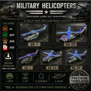 May include: A digital template set for laser-cut military helicopter miniatures including UH-1, UH-60, AH-1, AH-64, and MI-28 models. The file includes AI, DXF, SVG, and PDF formats for 3mm thick material, featuring instructions to print, cut, and assemble.