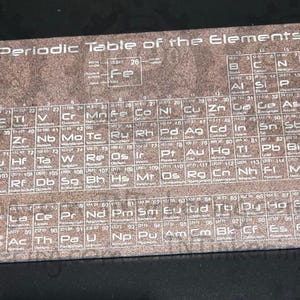 May include: A rectangular, brown cutting board with the "Periodic Table of the Elements" printed in white. The board is made of a textured material and is suitable for kitchen use.